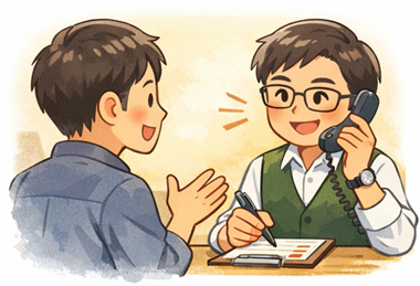 お客様の話を聞きながら、スタッフがチェック項目で状況を整理し、必要な確認点をまとめている